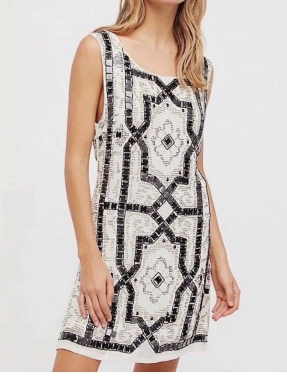 Free People Women’s 0 Speak Easy sequin mini dress Cream Black Boho Party Disco